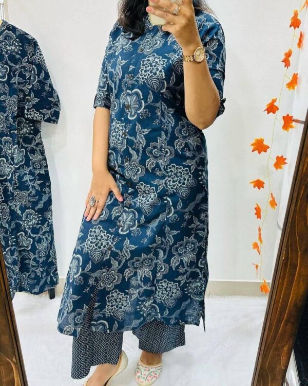 Blue Printed Cotton Kurti​ With Pant Set