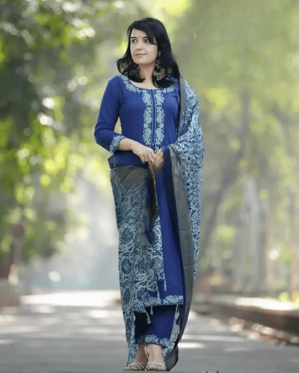 Blue Khadi Cotton Embroidery Suit Set