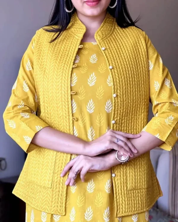 Yellow Cotton Kurti With Jacket Pant Set