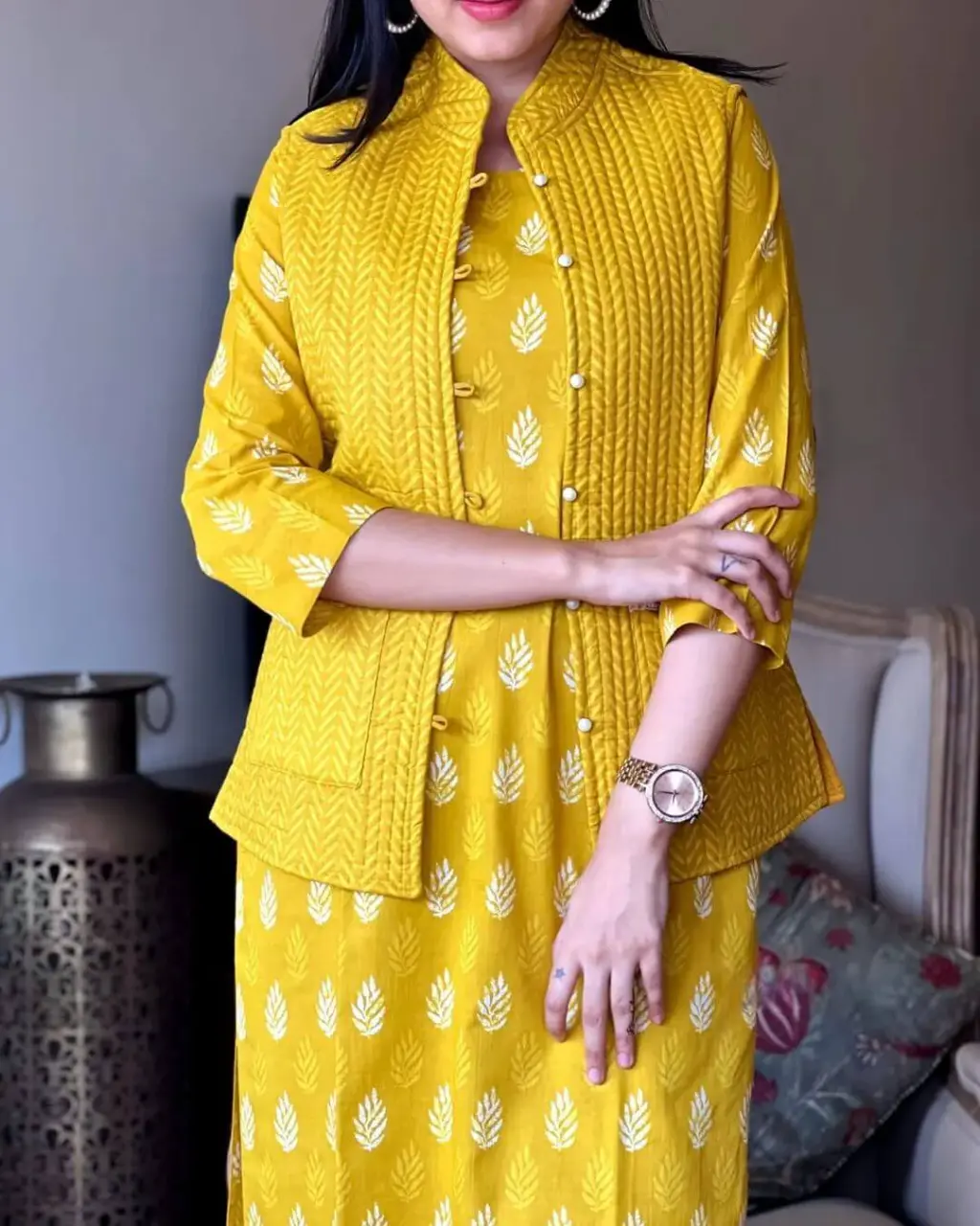 Yellow Cotton Kurti With Jacket Pant Set