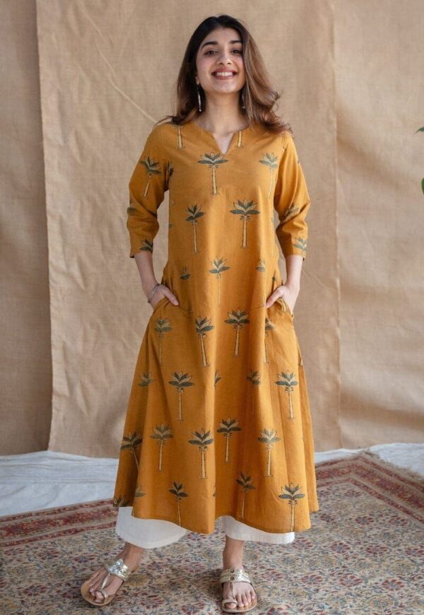 Mustard Yellow Kurti With White Pants Set