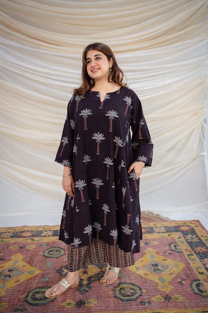 Cotton Black Printed Kurti Pant Set