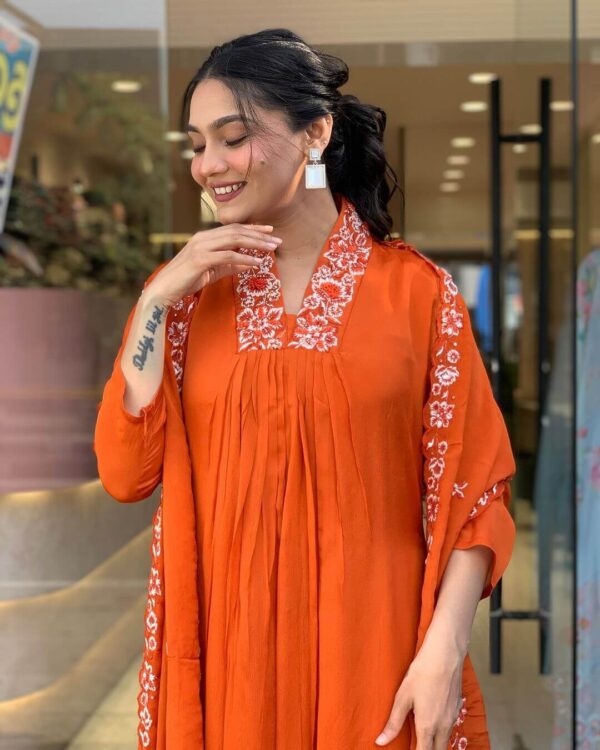 Orange Kurti Pant With Dupatta Set