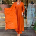 Orange Kurti Pant With Dupatta Set