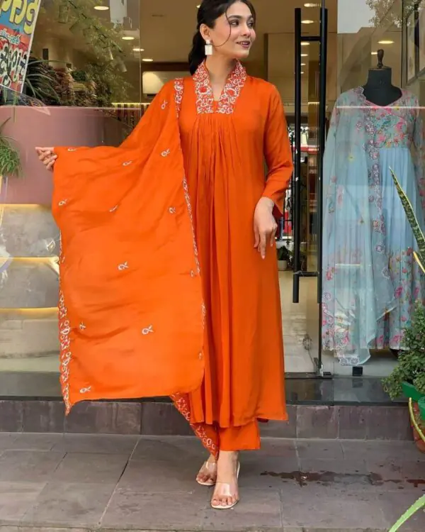 Orange Kurti Pant With Dupatta Set