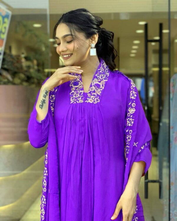 Embroidery Purple Cotton Suit Set