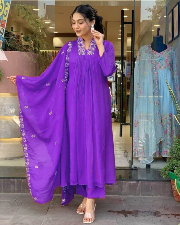 Embroidery Purple Cotton Suit Set