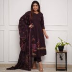 Dark Brown Color Kurti Pant With Dupatta Set