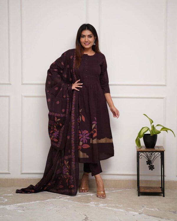 Dark Brown Color Kurti Pant With Dupatta Set