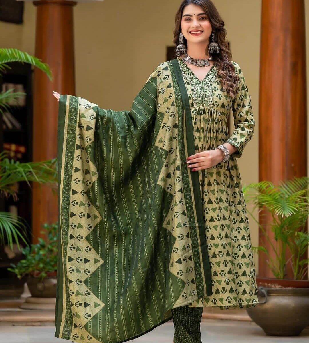 Green Cotton Alia Cut Suit Set
