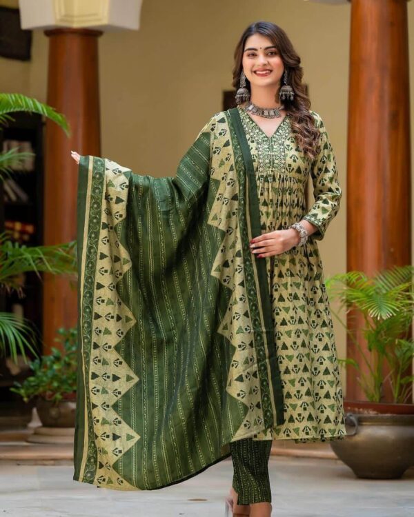 Green Cotton Alia Cut Suit Set