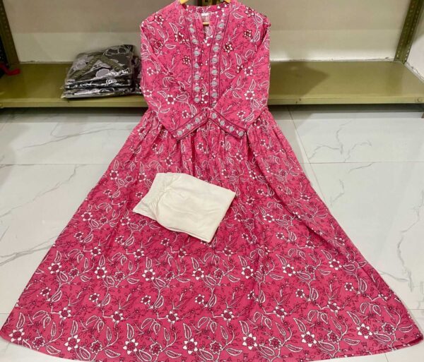 Jaipuri Floral Pink Kurti With White Pant