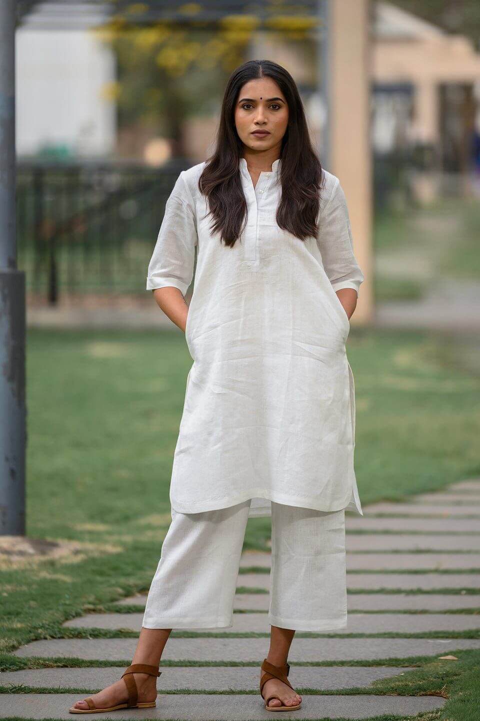 Plain White Cotton Slub Kurti​ Palazzo Set