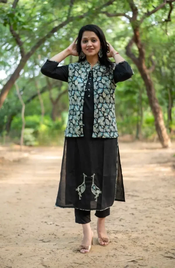 Cotton Black Kurti With Jacket Pant Set