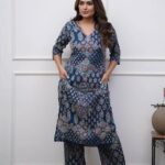 Floral Blue and White Kurti Pant Set