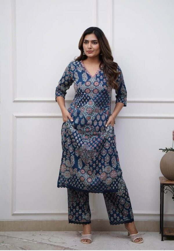 Floral Blue and White Kurti Pant Set