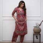 Cotton Red Printed Kurti With Pant