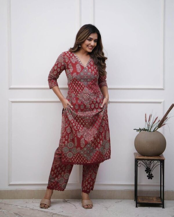 Cotton Red Printed Kurti With Pant