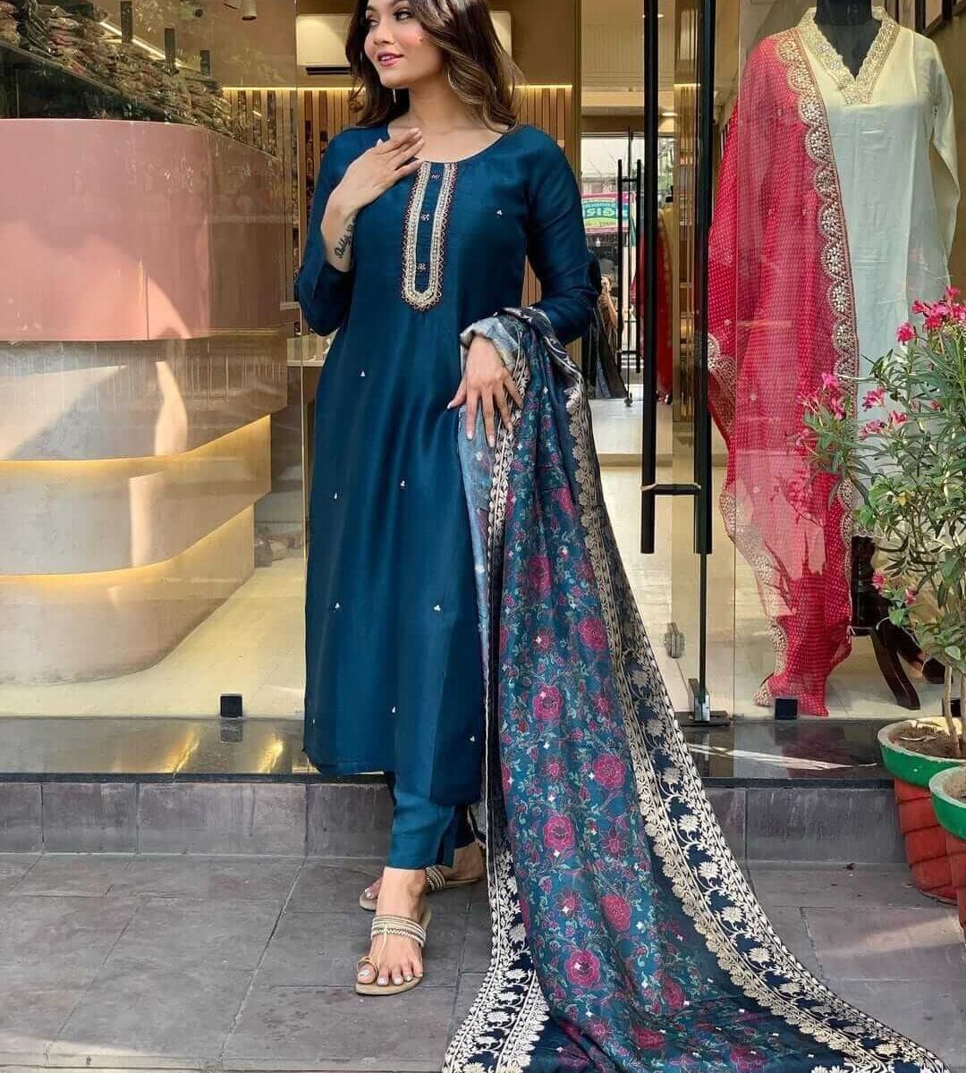 Dark Teal Blue Kurti Pant With Dupatta