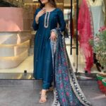 Dark Teal Blue Kurti Pant With Dupatta