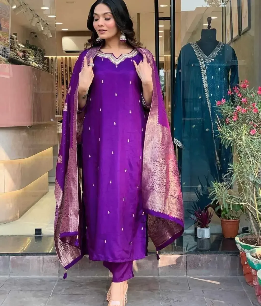 Purple Rayon Party Wear Suit Set