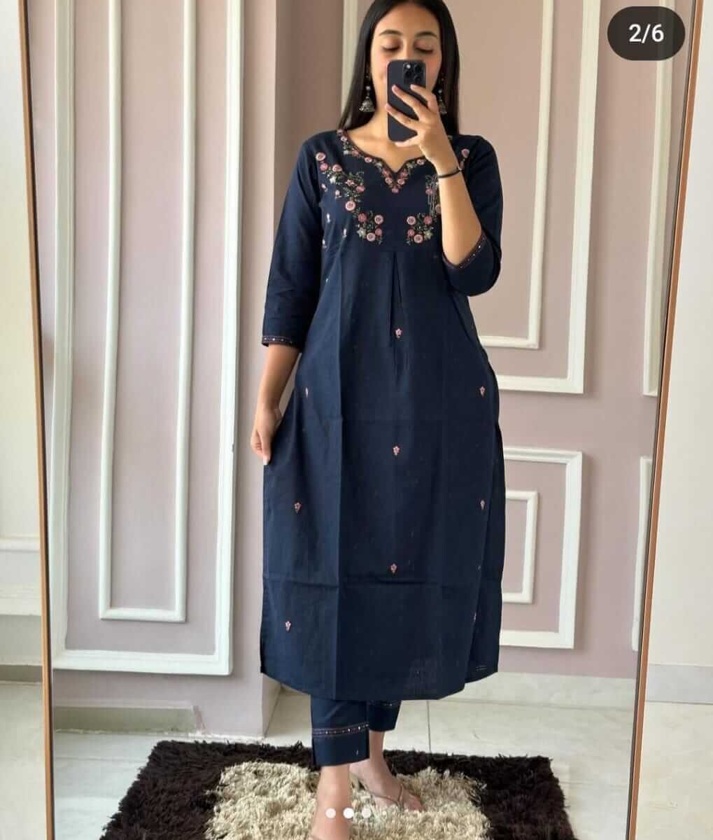 Cotton Dark Blue Kurti Pant Set