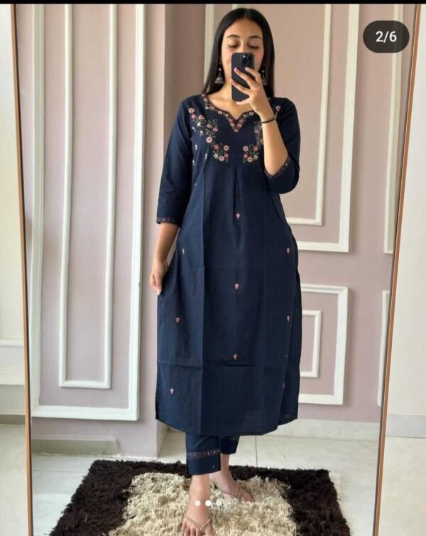 Cotton Dark Blue Kurti Pant Set