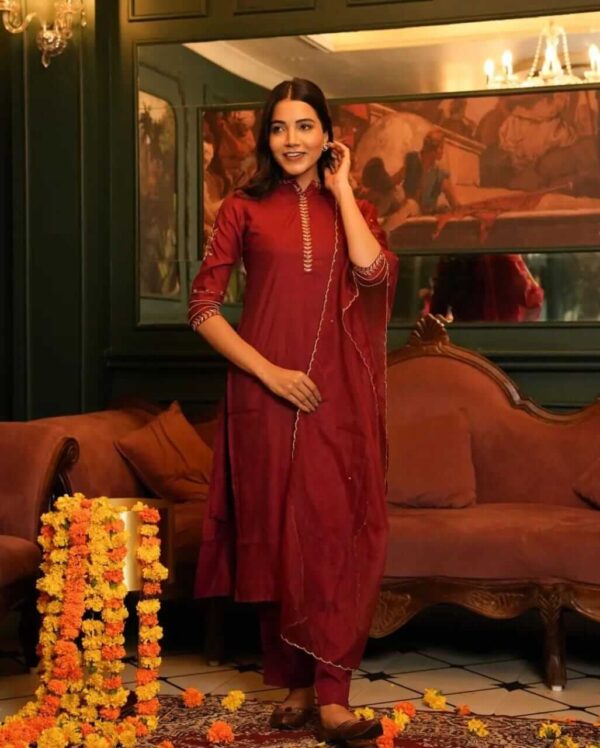 Dark Red Muslin Suit Set