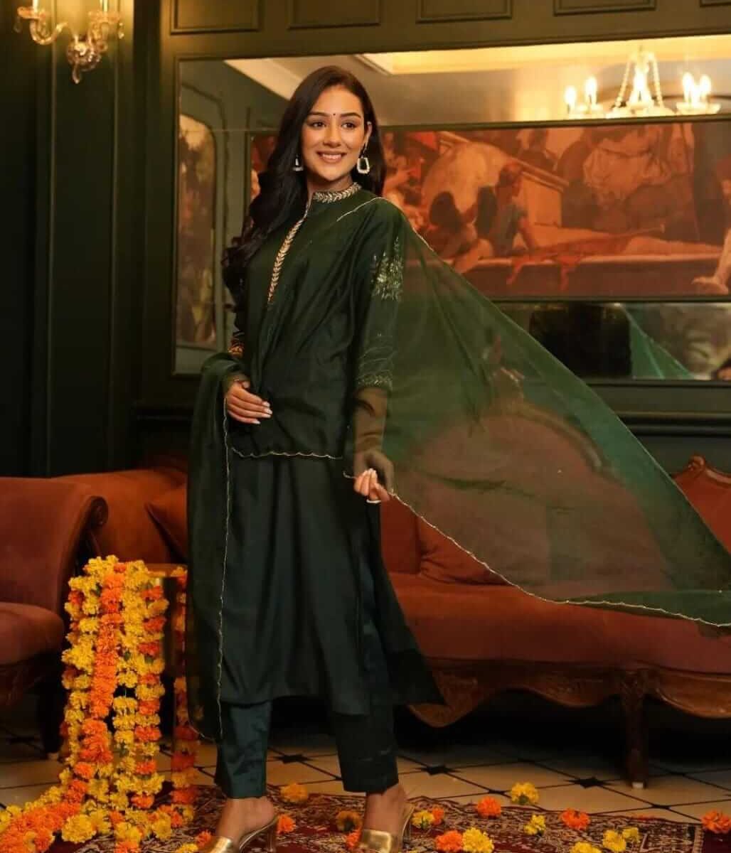 Dark Green Muslin Kurti Pant Dupatta Set