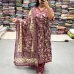 Cotton Maroon Anarkali Floral Print Kurta Set