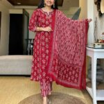 Red Machine Print Kurti Pant Dupatta Set