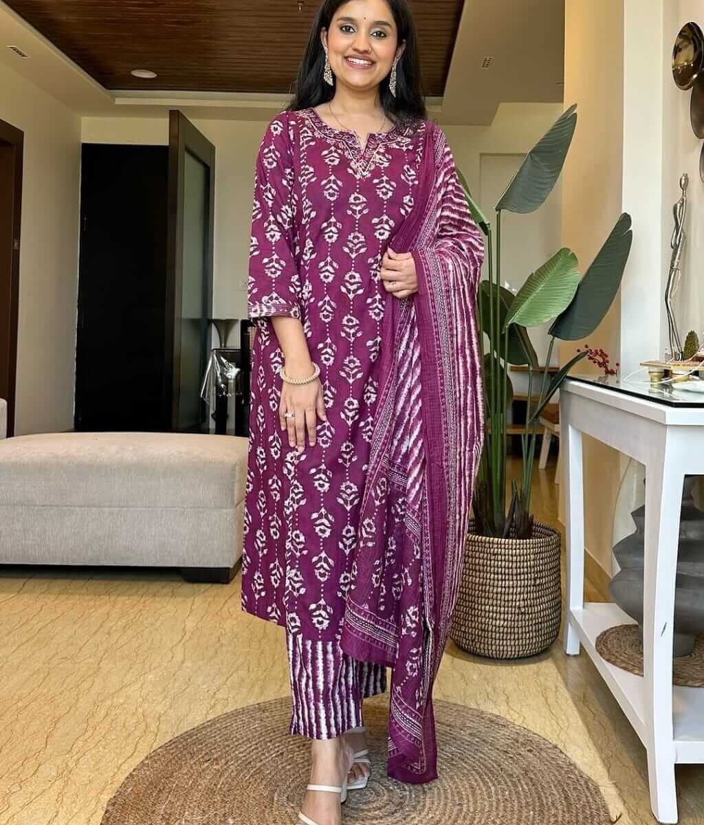 Purple Machine Print Kurti Pant Dupatta Set