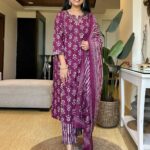 Purple Machine Print Kurti Pant Dupatta Set