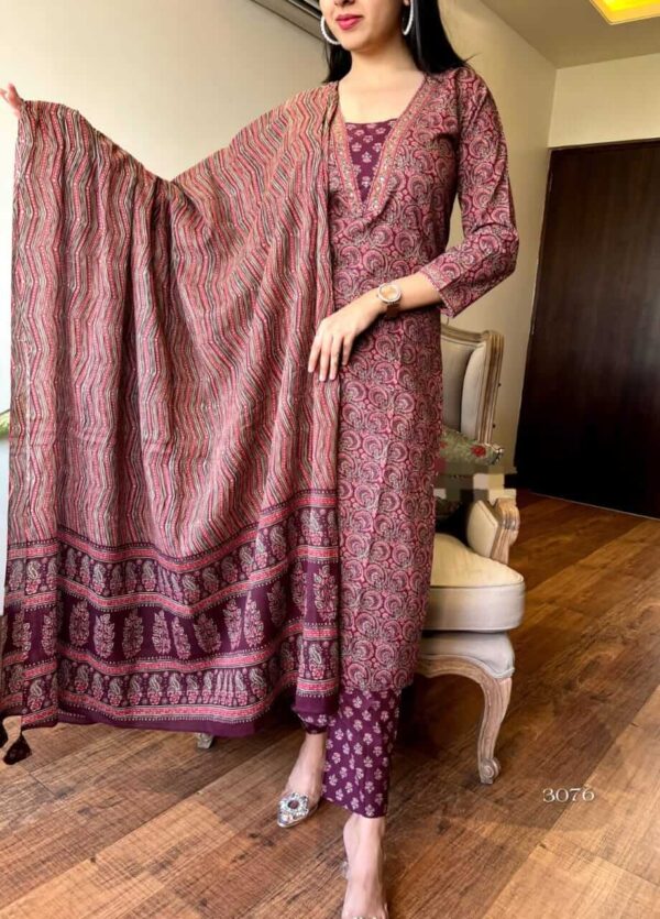 Ajrak Print Cotton Kurti​ Pant Dupatta Set