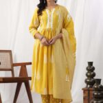 Yellow Cotton Naira Kurti Pant Dupatta Set