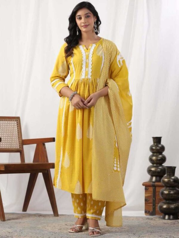 Yellow Cotton Naira Kurti Pant Dupatta Set