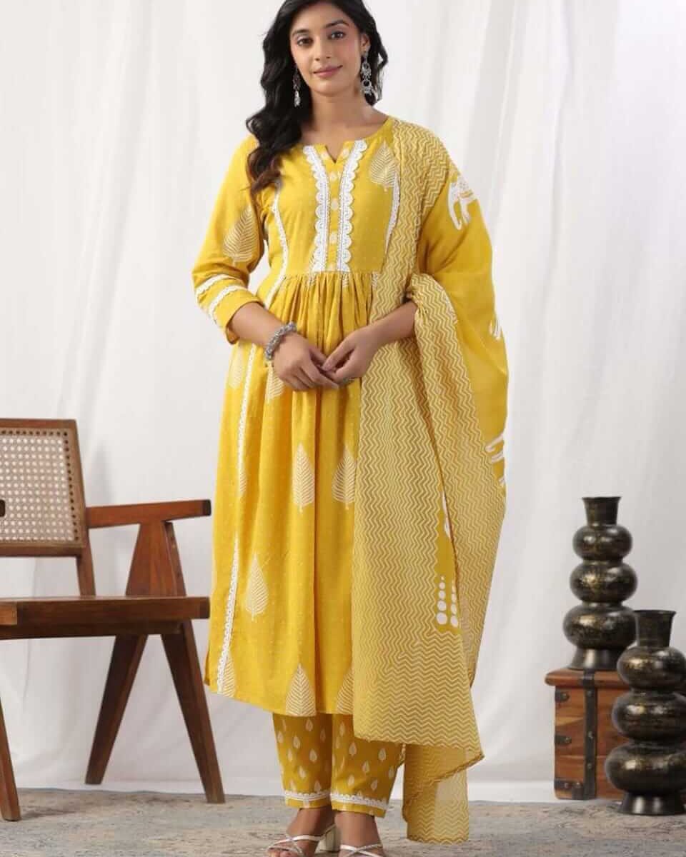 Yellow Cotton Naira Kurti Pant Dupatta Set