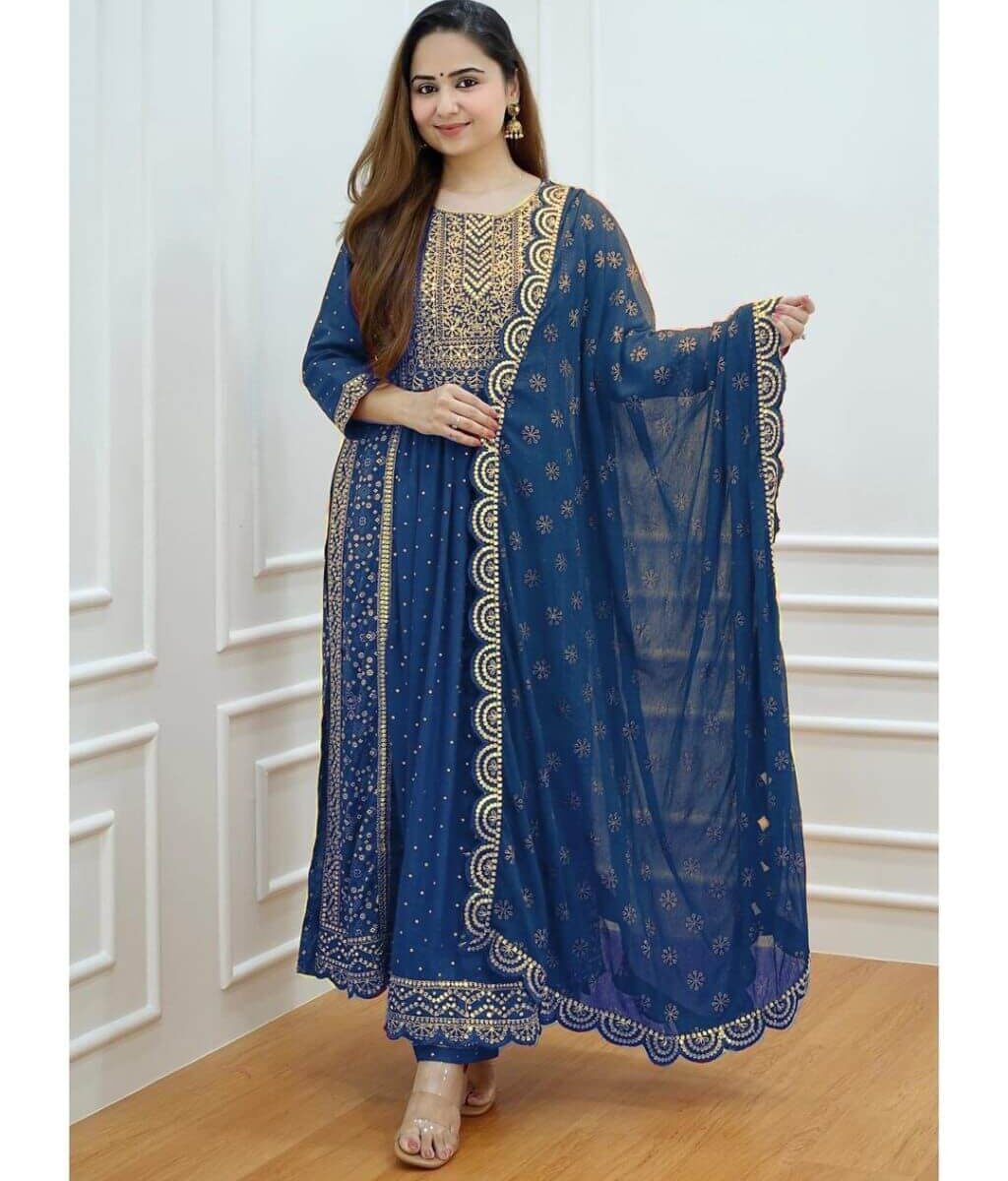 Blue Rayon Printed Naira Cut Suit Set