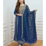 Blue Rayon Printed Naira Cut Suit Set