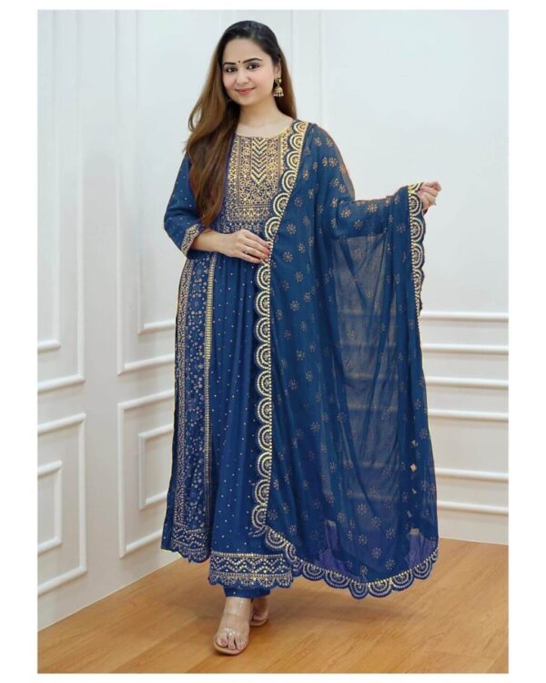 Blue Rayon Printed Naira Cut Suit Set