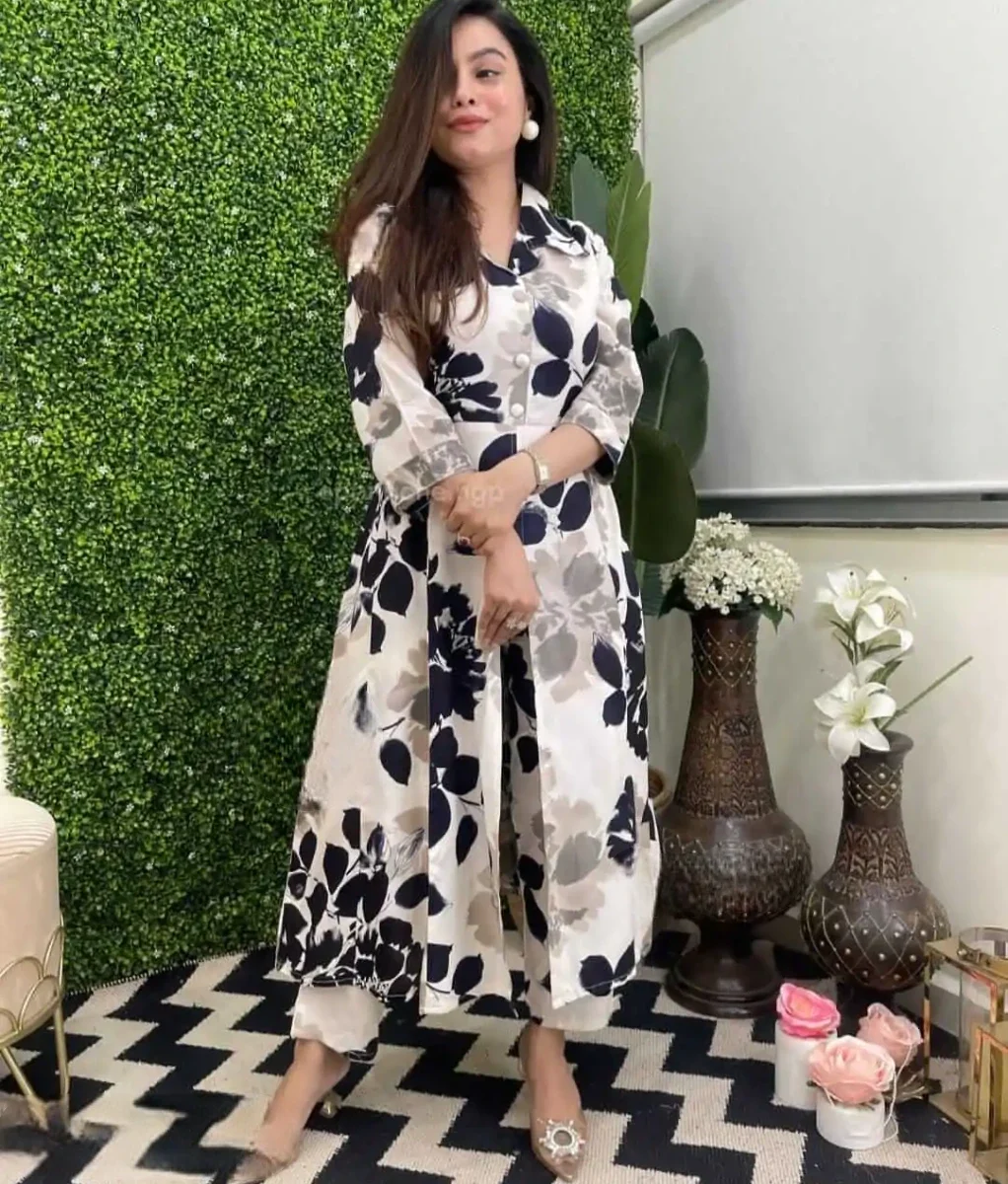 White Black Floral Print Kurti Pant Set