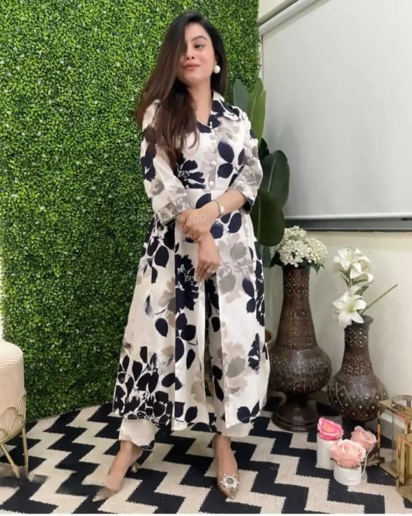 White Black Floral Print Kurti Pant Set