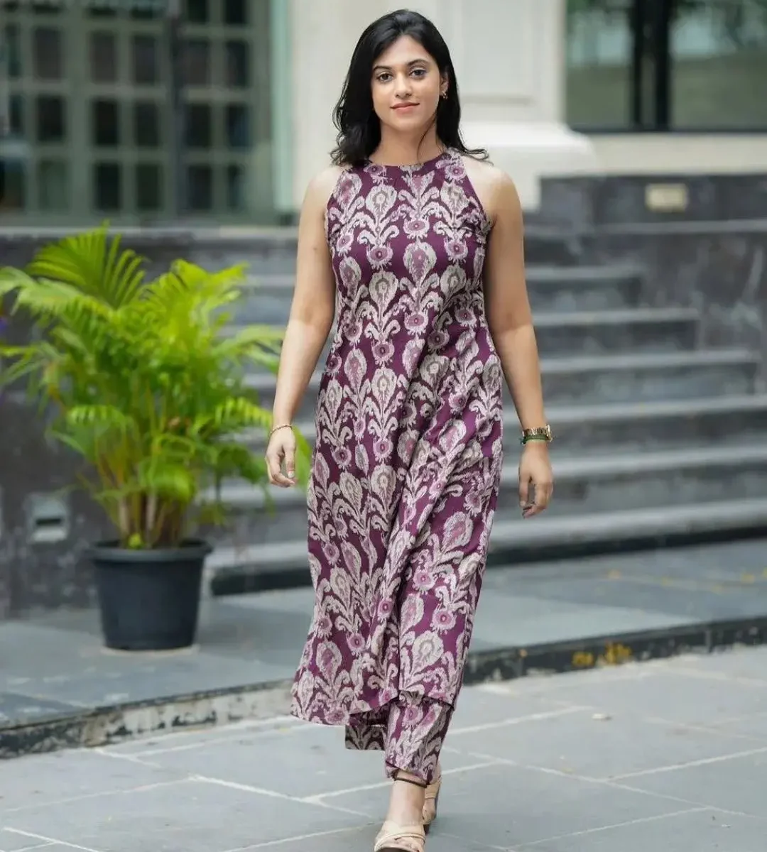 Light Purple Sleeveless Cotton Kurti With Pant
