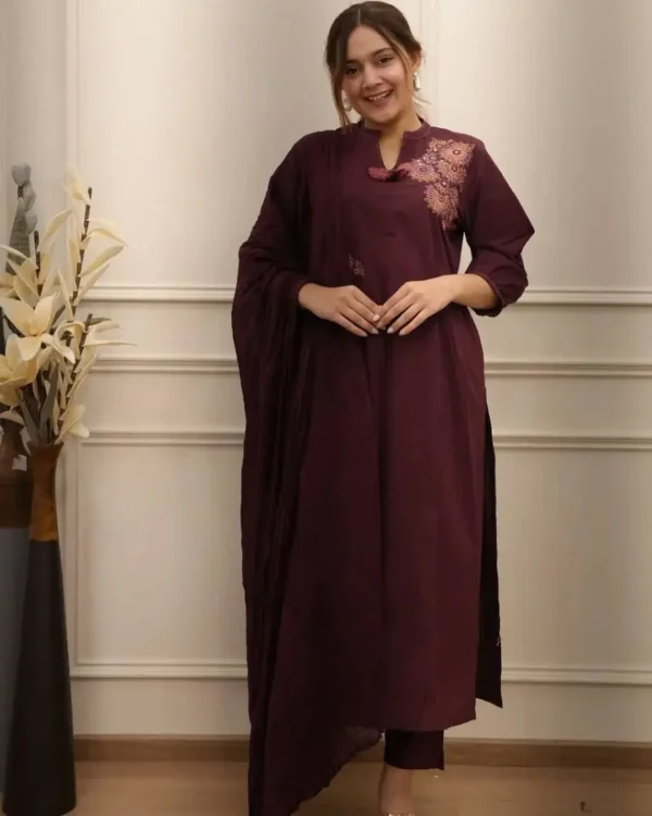 Maroon Cotton Kurti Pant With Design Dupatta