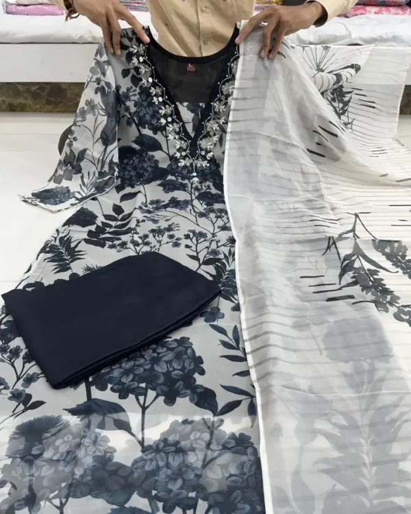 Organza Floral Print Kurti Pant Dupatta Set 1