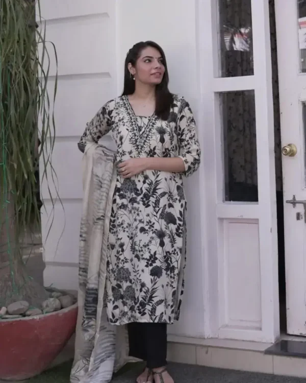 Organza Floral Print Kurti Pant Dupatta Set