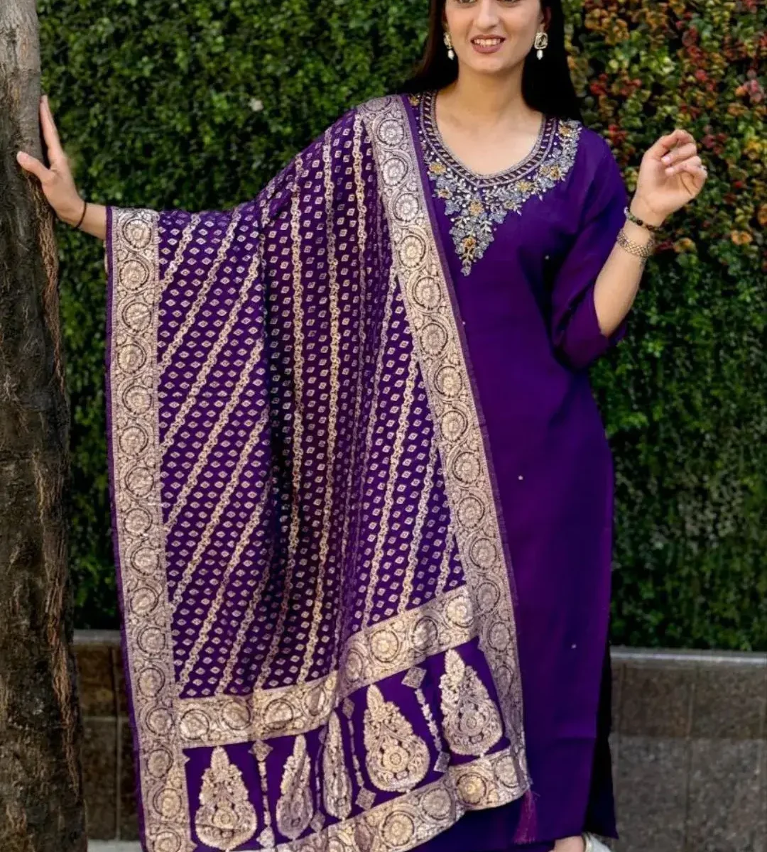 Purple Silk Kurti Pant With Dupatta