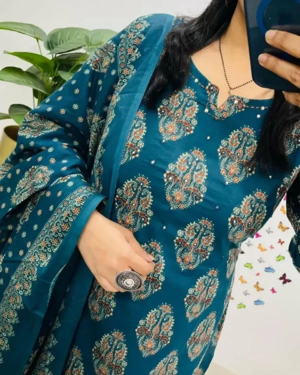 Teal Blue Cotton Suit Set Front