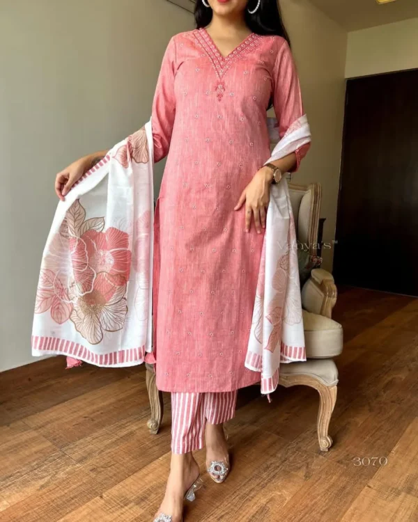 Khadi Cotton Peach Kurti Pant Dupatta Set
