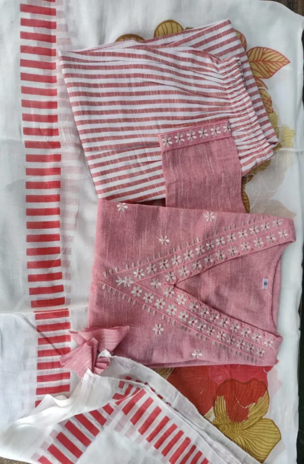 Khadi Cotton Peach Kurti Pant Dupatta Set